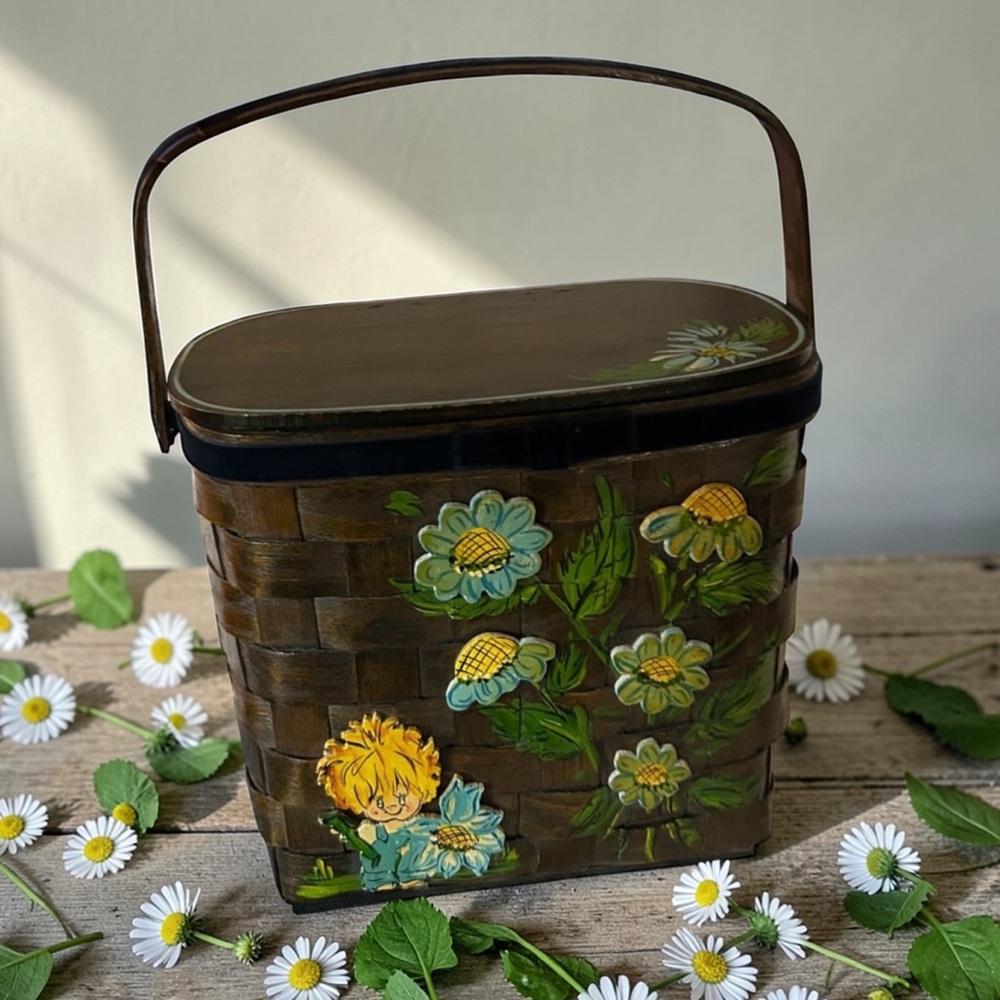 Vintage Hand-Painted Decoupage Floral Wood Basket Purse Quilt Lining